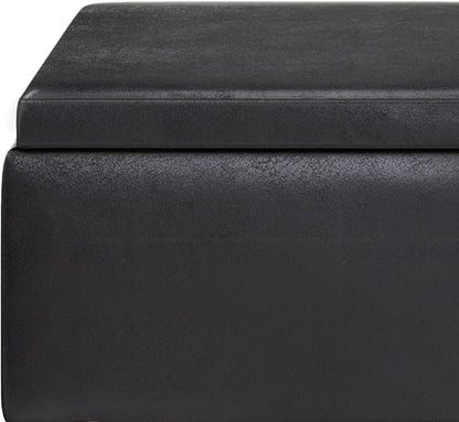 SIMPLIHOME Owen Tray Top Small Coffee Table Storage Ottoman - 34 inch Wide Upholstered Vegan Leather Rectangular Flip-Top Ottoman in Distressed Black, Mid-Century Ottoman for Living Room