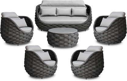 Erotr Metal Outdoor Conversation Sets: 6-Piece Aluminum Patio Furniture Set - Woven Rope Porch Sofa Set w/Coffee Table Cushions - Assembled Modern Lounge Couch for Deck Garden Yard Pool Hotel Resort