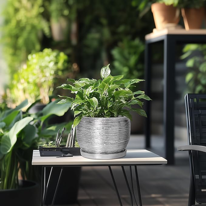 SQOWL Ceramic Pot for Plants - 8 Inch Planter with Drainage Hole and Saucer, Round Planter Indoor Outdoor, Modern Decorative Flower Pot, House Decor, Gifts for Plant Lovers, Silver