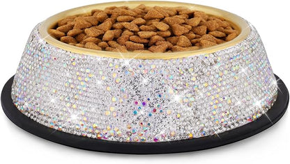 Sparkly Full Rhinestones Designed Gold Plated Stainless Steel Cat Bowl - Stylish and Practical Diamond Food Water Dishes Bowls for Dogs Cats Rabbits