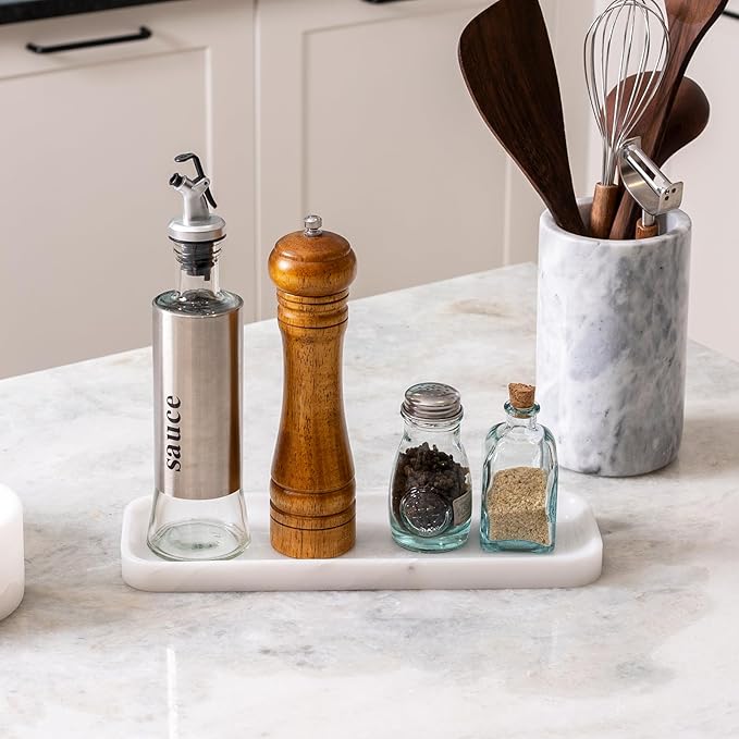 Koville Marble Tray for Bathroom Sink, 12"x4" Natural Stone Vanity Tray for Kitchen Dresser Countertop, Rectangular Decorative Marble Tray for Jewelry Perfume Trinket(White)
