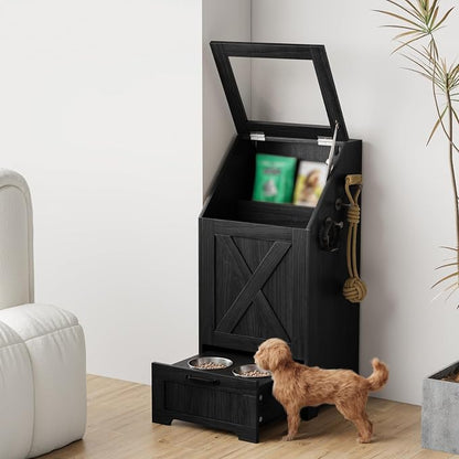 Dog Feeding Station with Storage Cabinet and 2 Elevated Dog Bowls, Hidden Pet Food Storage Organizer for Dog &Cat, Modern Dogs Furniture, Black