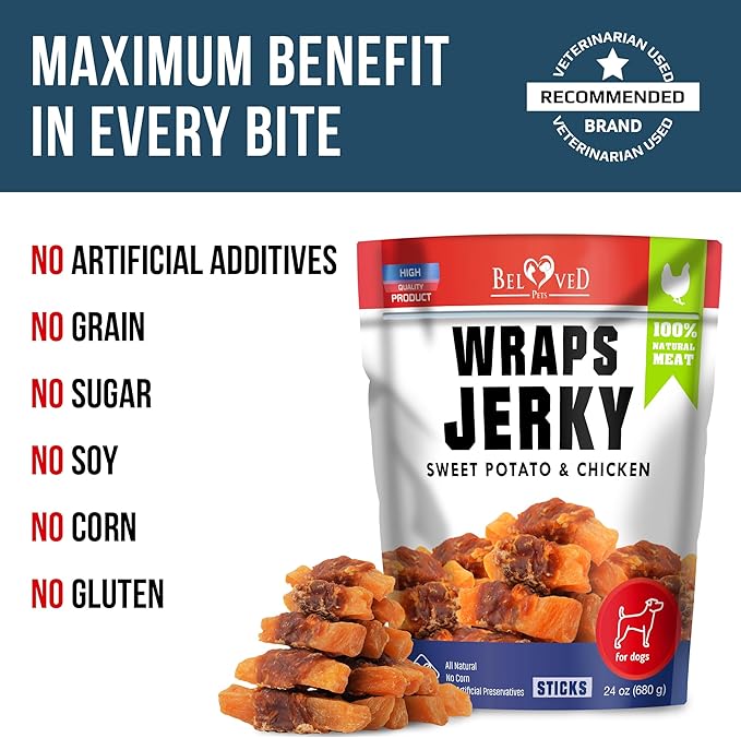Dog Treats Sweet Potato Jerky Chicken Wraps 24 oz - Human Grade - Grain Free Organic Meat - All Natural High Protein Dried Strips - Best Chews for Small & Large Dogs - Bulk Soft Pack Made for USA