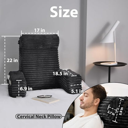 ENITYA 22" XL Ergonomic Bed Pillow for Sitting Up，Backrest Cushion for Reclining,Gaming,Resting,Watching TV,Recovery in Bed, Couch or Floor, Removable Cover, Black