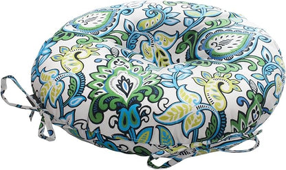 Magpie Fabrics Outdoor Round Bistro Seat Cushions with Ties, 15"x15"x4" Set of 2, Tufted Waterproof Barstool Chair Pads for Patio Home Garden Office, Floral Blue Green