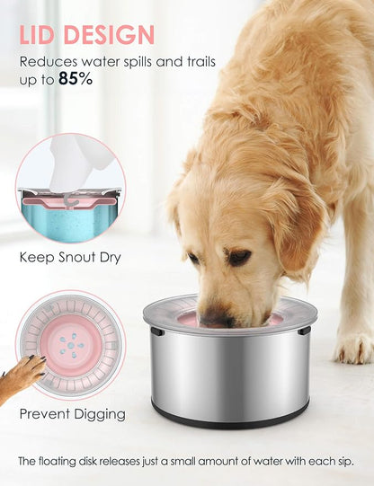 Heouvo 1 Gallon No Spill Dog Water Bowl with Slow Drink Floating Disk(Pink) | Splash-Proof Lid + Stainless Steel Bowl/Rubber Bottom/Slobber Stopper Water Bowl for Large Sloppy Messy Drinkers Reduce Mess