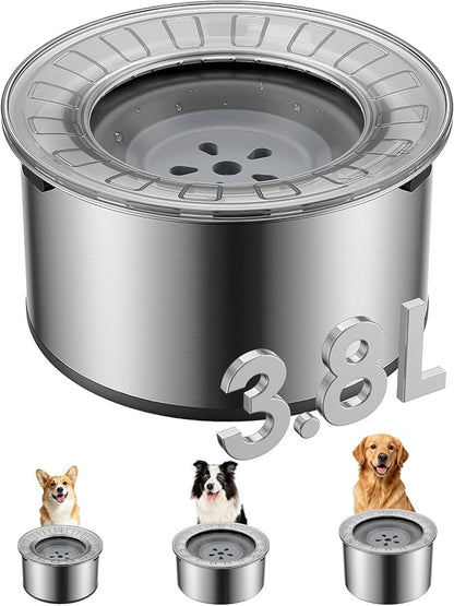 Heouvo 1 Gallon No Spill Dog Water Bowl with Slow Drink Floating Disk(Gray) | Splash-Proof Lid + Stainless Steel Bowl/Rubber Bottom/Slobber Stopper Water Bowl for Large Sloppy Messy Drinkers Reduce Mess