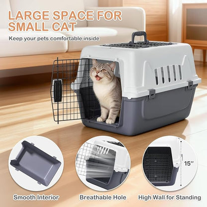 22-Inch Dog Crate Plastic 2-Door Top Loading Cat Carrier, Hard-Sided Dog Travel Carrier for Small Dogs and Cats, Ventilation and Security Lock Design for Pets up to 22 lbs (Grey)