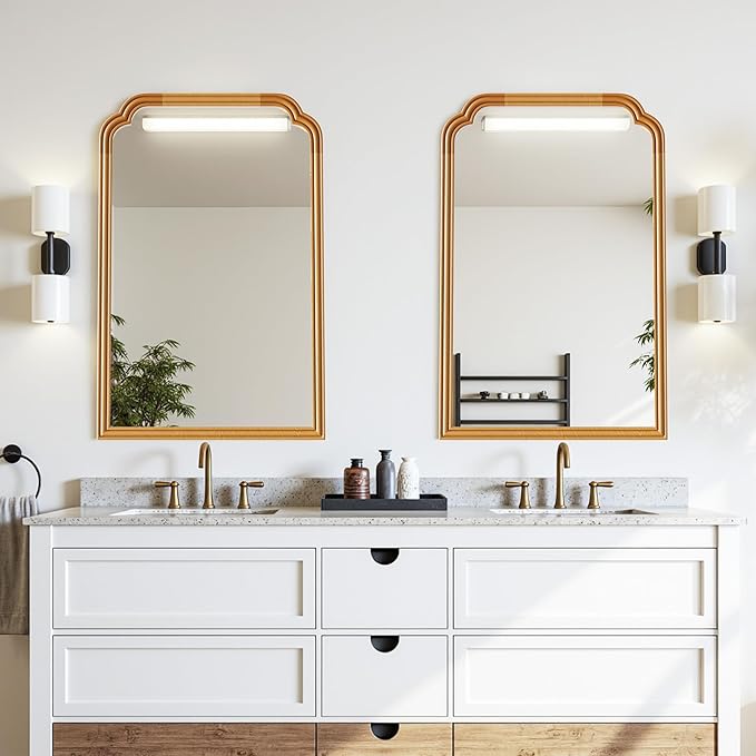 Wood Frame Wall Mirror for Bathroom, Rounded Corner Arch Rectangle Mirror for