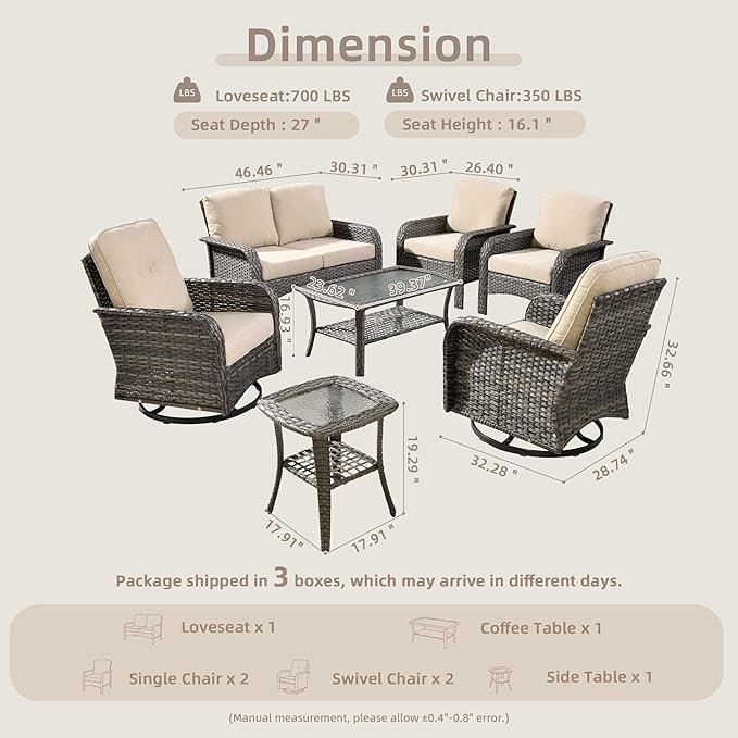 7-Piece Wicker Patio Furniture Set, All-Weather Rattan Conversation Bistro Loveseat Chair and Patio Rockers Set for Backyard, Balcony and Deck with Soft Cushions and Metal Table(Beige)