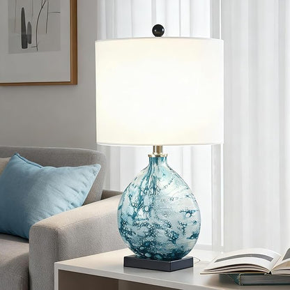 Maxax 24" Coastal Glass Table Lamp, 3-Way Dimmable Blue Glass Bedside Lamp with White Drum Shade for Living Room Bedroom Nightstand