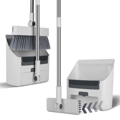 1Set Broom And Dustpan Combo Set With Squeegee Stainless Steel Handle 4 In 1 Upright Standing Broom And Dust Pan For Indoor Outdoor Garage Kitchen Room Office Sweeping