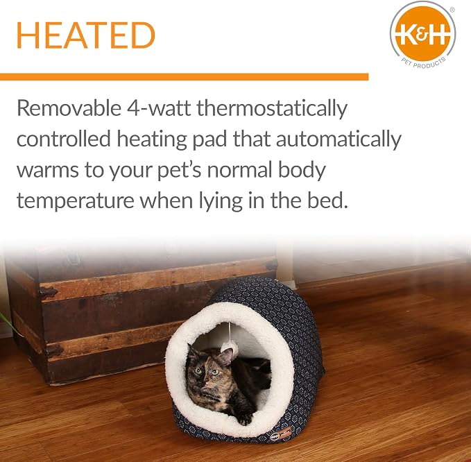 K&H Heated Cat Bed, Thermo-Pet Cave Indoor, Safety Listed, 4W, Navy/Geo | Removable Waterproof Cat Heating Pad, Heated Pet Bed for Dogs & Cats, Covered Cave Pet Tent, Collapsible, Machine Washable