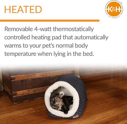 K&H Heated Cat Bed, Thermo-Pet Cave Indoor, Safety Listed, 4W, Navy/Geo | Removable Waterproof Cat Heating Pad, Heated Pet Bed for Dogs & Cats, Covered Cave Pet Tent, Collapsible, Machine Washable