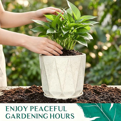 7.8 Inch Ceramic Plant Pot with Drainage Hole Mesh Net, Large Flower Pots for Indoor Plants with Saucer, Gardening Pots Outdoor (Silk White)