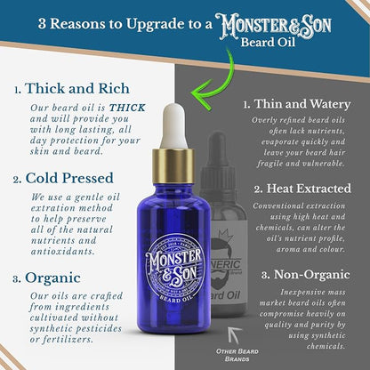 Monster&Son Premium 7-Item Organic Beard Kit - Beard Oil, Beard Balm, Beard Brush, Beard Comb, Scissors, Canvas Travel Bag - Male Grooming Kit in Gift Box - Great Mens Birthday Gift - Father's Day