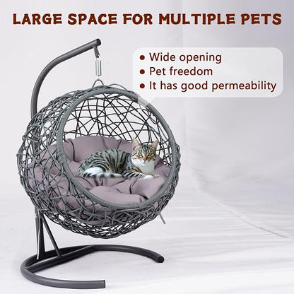Anwick Cat Swing Bed with Stand & Cushion Indoor Outdoor, Egg Chair(Gray) | with Rattan Wicker Appearance, Indoor Hanging Swinging Hammocks for Cat, Dogs, and Small Animals Bedroom Porch