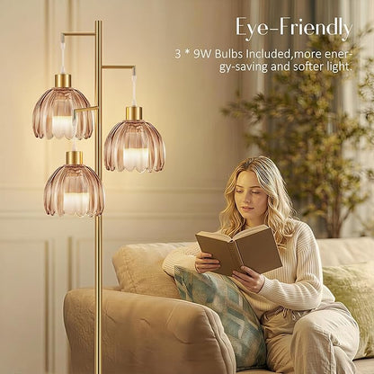 COTTHOS Floor Lamp for Living Room, Modern Standing Lamp Brass Glass Green Tree 3 Light Tall Floor Lamps for Bedroom & 800 Lumens LED Bulbs, Vintage Flower Lamp Shade Farmhouse Boho Bohemian Gold