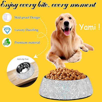 SlowVibes Bling Stainless Steel Dog Cat Bowl, Detachable, 18 oz | Rhinestone metal food or water bowl for medium large dogs and cats, rust-resistant non-slip puppy dish, sparkle pet essential