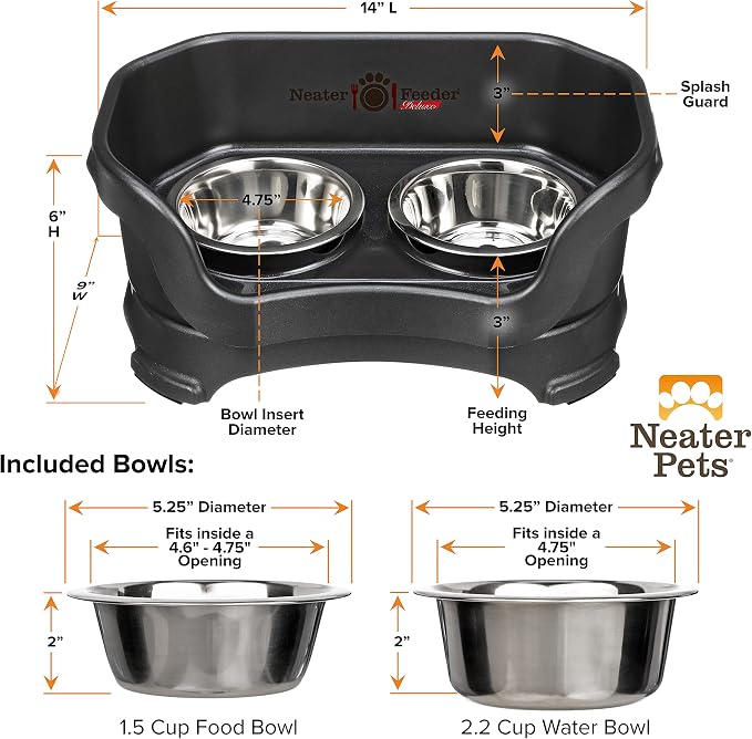 Neater Pet Brands Neater Feeder Deluxe Mess Proof Dog Bowls Elevated for Small Dogs Under 19 lbs, Made in USA, No Spill Raised Dog Food Bowl Stand Feeding Station, Food and Water Bowl Set, Black