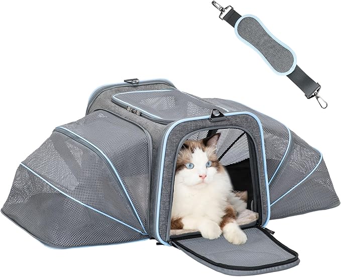 Petsfit Expandable Cat Carrier for 2 Cats Small Dog Carriers, Soft-Sided Portable Washable Pet Travel Carrier with Two Extension for Kittens, Puppies, Rabbits, 19 x 12x 12 inches, Light Grey