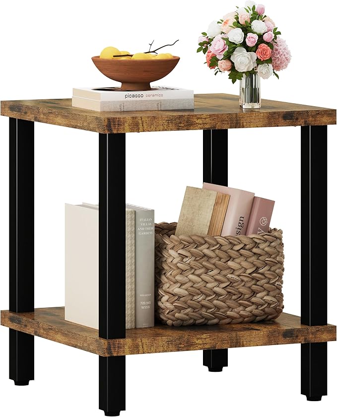 Large End Table Square Side Table Modern Sofa Table 20 Inch Industrial Coffee Table NightStand with 2-Tier Storage Shelf for Living Room Bedroom Rustic Brown MLBZ06R