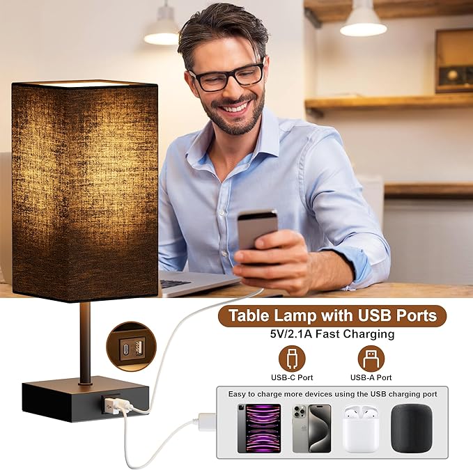Sailstar Bedside Table Lamps Set of 2, Touch Bedroom Lamp with USB C+A Charging Ports, 3 Way Dimmable Lamps for Night Stands, Small Table Lamp for Bedroom Decor, LED Bulbs Included, Upgraded Black