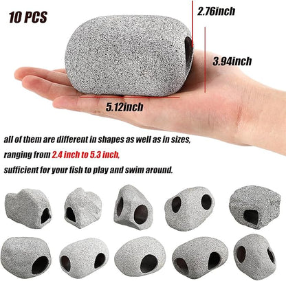 Lyrow 10 Pieces Aquarium Hideaway Rock Cave Stackable Fish Tank Decorations for Aquatic Pets to Breed, Play and Rest, Ceramic Shelters for Small Fish, Betta Cave Shrimp Habitat, Breeding Tube (Rustic)