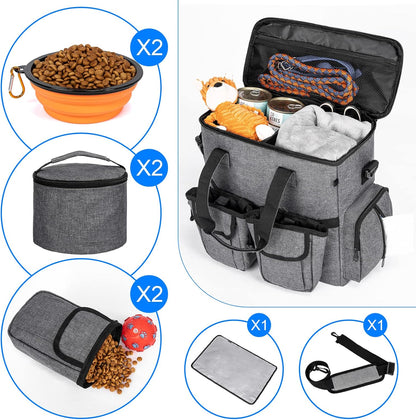 Modoker Dog Travel Bag Backpack, Airline Approved Pet Accessories Organizer for Dog and Cat with Shoulder Strap, 2 Dog Food Storage Containers, 2 Collapsible Dog Bowls,1 Pet Mat, Rose Red