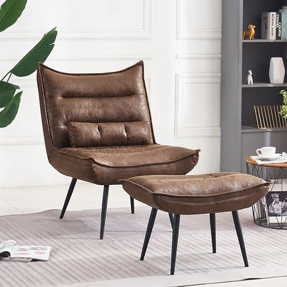 MCombo Wingback Accent Chair with Ottoman, Modern Bronzing Fabric Upholstered Club Chair for Small Space, Living Room 4400 (Dark Brown)