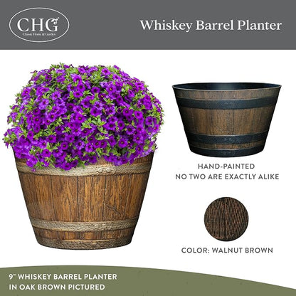 Outdoor Whiskey Resin Flower Pot Barrel Planter, Walnut Brown, 20.5" (2 Pack)