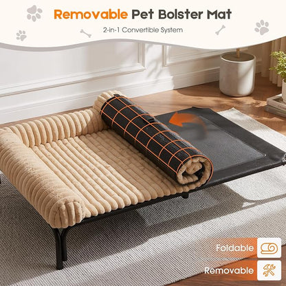 Elevated Dog Bed with Removable Fluffy Pillow Cushion, Raised Pet Cot Washable Bolster, Dog Couch Sofa, Anti Slip Feet, Breathable Mesh, Khaki, 49"×36"