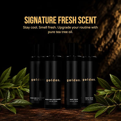 Golden Grooming Co. 3-in-1 Men’s Body Wash, Shampoo & Beard Wash – Hydrating Full Body Cleanser for All Skin Types – Fresh Tea Tree Scent – Naturally Derived Formula – 4-Pack Value Bundle