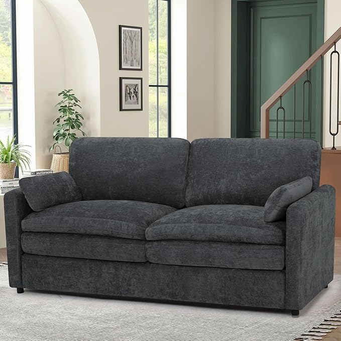 69” Chenille Loveseat Sofa w/Arm Pillows, Upholstered 2-Seater Sofa w/Comfortable Back Cushions, Modern 2 Seats Couch w/High-Density Foam for Living Room, Apartment, Office, Grey