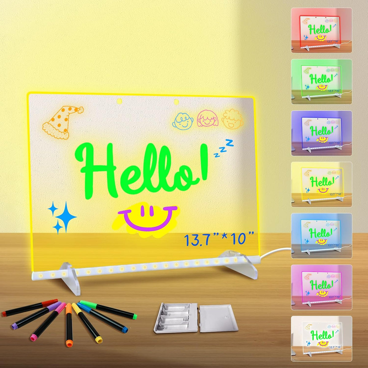 Led Drawing Board for Kids, LED Note Board with Colors,Doodle Glow Drawing Board, 13.7"X10" 6 Modes & 8 Colors, Light Up Drawing Board, Led Writing Board with Battery Pack for Home/Office/Decor