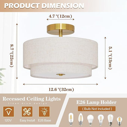 2 Light Semi Flush Mount Ceiling Light Fixture 12.6 Inch Modern Gold Drum Lights Fixture with 2-Layer Fabric Shade Dimmable Close to Ceiling for Living Room Hallway Bedroom Entryway