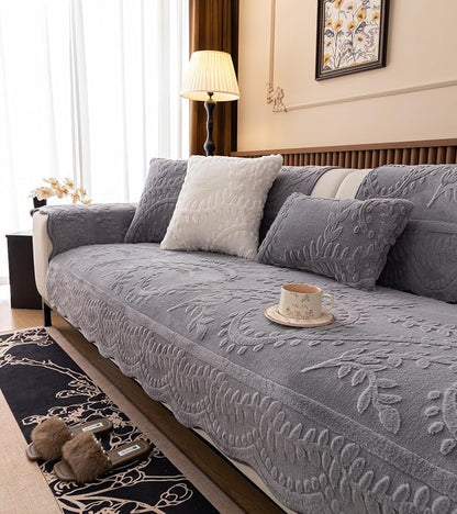 Grey Fuzzy Rabbit Plush Sofa Cover Cozy Warm Sofa Couch Covers with 3D Jacquard Leaf Pattern Non-Slip Easy-to-Install Shaggy Sofa Slipcover Prefect for Kids Dogs Cats Cats(Grey,36"x82")