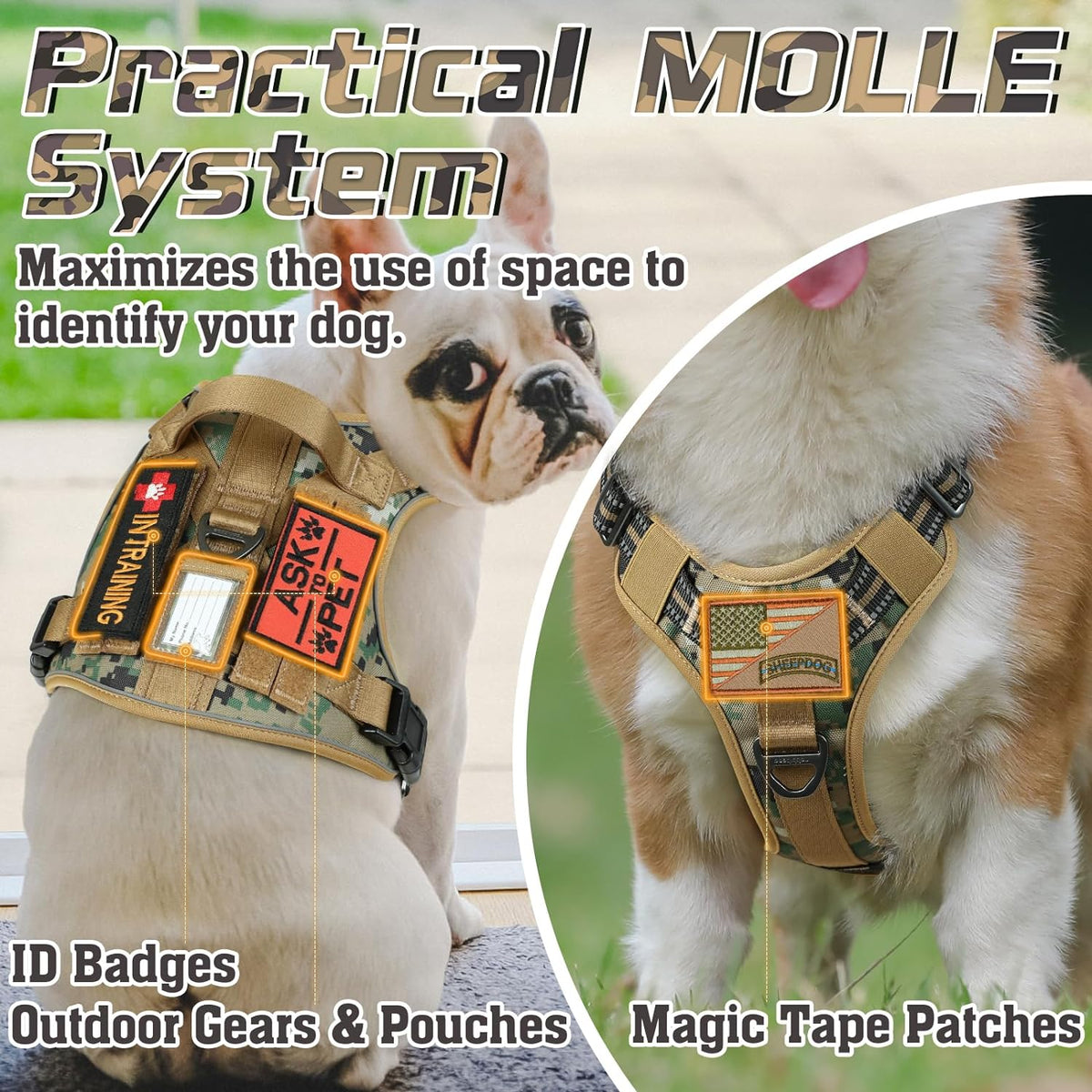 rabbitgoo Tactical Dog Harness for Large Dogs, No Pull Military Service Vest with Handle & Molle, Easy Control for Training Walking, Adjustable Reflective Straps, Brown camo, XL
