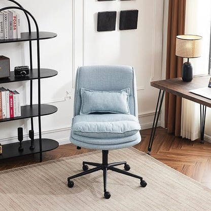 VINGLI Cloud Criss Cross Legged Chair,18" High Back Armless Home Office Desk Chair with Wheels,Wide Adjustable Comfy Padded Seat Task Computer Chair,Modern Swivel Makeup Vanity Chair,Fabric,Blue
