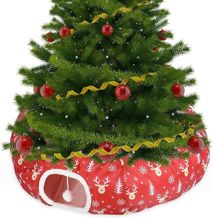 Christmas Cat Tunnel Bed for Indoor Cats Under Christmas Tree Skirt Tube with Hanging Ball Plush Cat Cave, Washable Holiday Pet Gift Toy & Gift for Kittens(Elk)