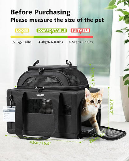 Pecute Top Expandable Airline Approved Pet Carrier for Cats, Olive Green | Top side expandable, breathable scratch-resistant mesh, leakproof pee pad, locking zippers, foldable travel bag under 11lbs.