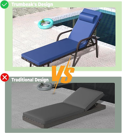 Trumbeak Patio Chaise Lounge Set 3 Pieces Pool Lounge Chairs,Cushioned Outdoor Folding Lounge Chair w/Arm and Rattan Adjustable Backrest for Poolside Porch,Folding Table Included,NavyBlue