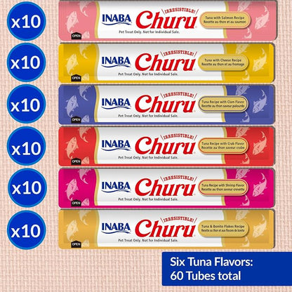 INABA Churu Cat Treats, Lickable, Squeezable Creamy Purée Cat Treat with Green Tea Extract & Taurine, 0.5 Ounces Each Tube, 60 Tubes, Tuna Variety Box
