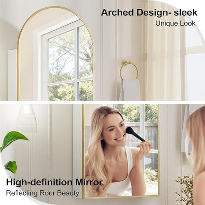 Arched Medicine Cabinet with Mirror, Brushed Gold Medicine Cabinet with Storage