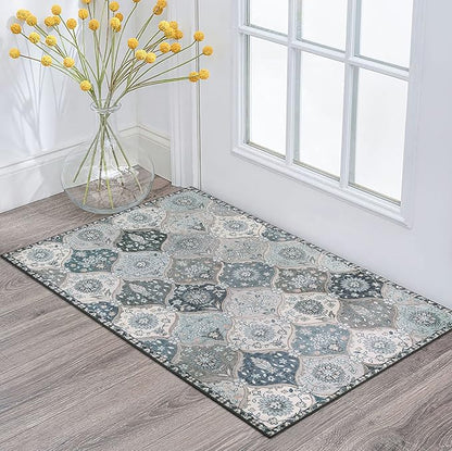 Lahome Moroccan Trellis Front Door Mat Indoor Entrance, 2x3 Rugs for Entryway Non-Slip Washable Indoor Door Mat, Oriental Accent Small Rug for Kitchen Bedroom Bathroom, Blue
