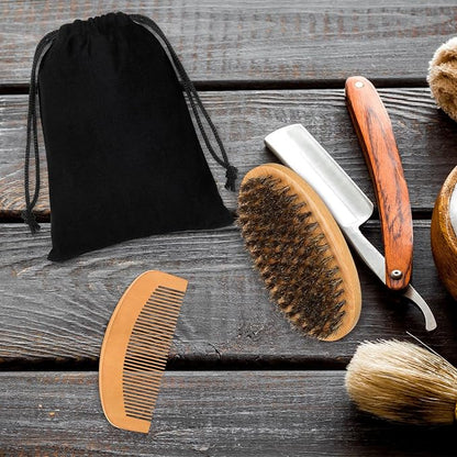10 Sets Grooming Kit for Men - Natural Boar Bristle Brush, Pear Wood Dual-Sided Wide Tooth Comb, and Travel Pouch (Oval Shape) for Beard Care