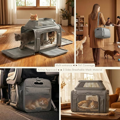 Top-Expandable Pet Carrier with Treat Pet Window,18x13x9.5 Airline Approved | for Southwest Frontier,Soft-Sided Dog Carrier, Anti-Scratch Mesh, Lockable Zippers,Cat Carrier for Kitten,Rabbit,Puppy, Grey
