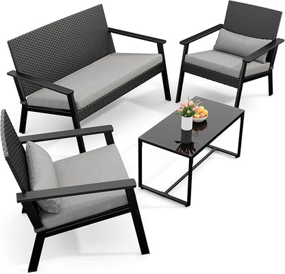 Ahomly 4-Piece Outdoor Wicker Patio Furniture Set with Deep Seating Cushions and Table for Balcony, Backyard, and Porch (Gray)
