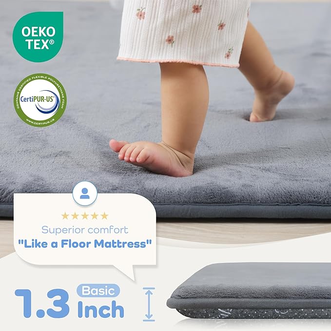PaPaMat 1.3" Thick Baby Bedside Floor Mat for Bedroom, Basic Padded Foam Soft Plush 28x72 Runner Rug with Non Slip Cushioned for Nursery Playroom (Dark Grey)