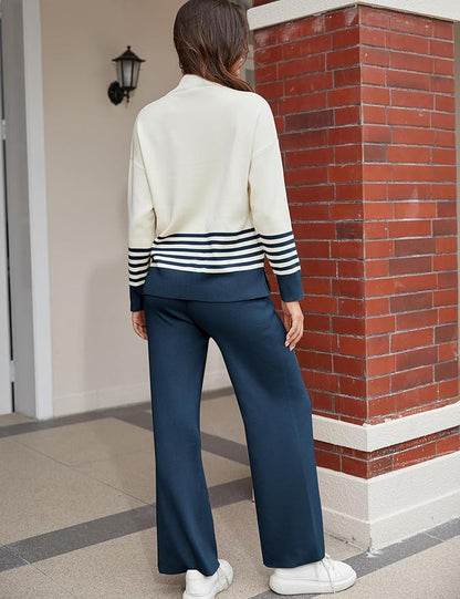 Tanming Women's Lounge Sets 2 Piece Outfits Knitted Pullover Sweater Tops Wide Leg Pants Tracksuit